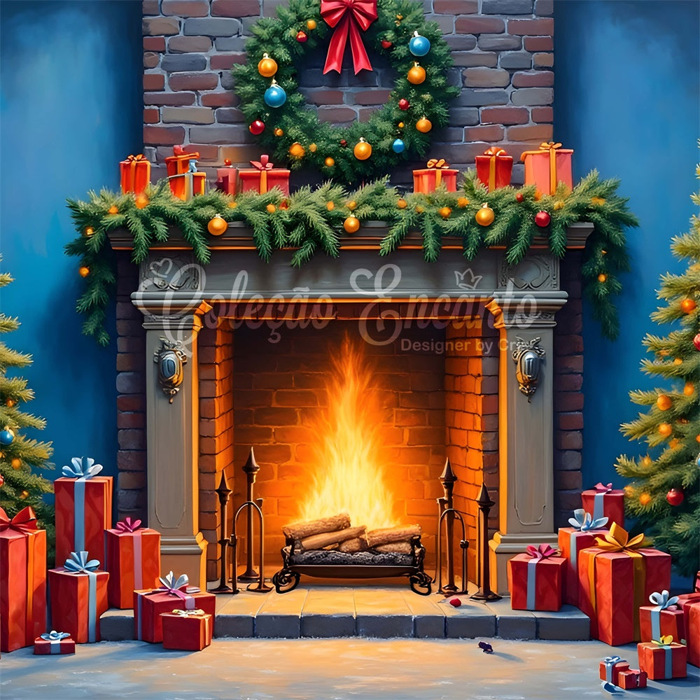 Toile de fond Noël Cheminée Guirlande Arbre par Magali