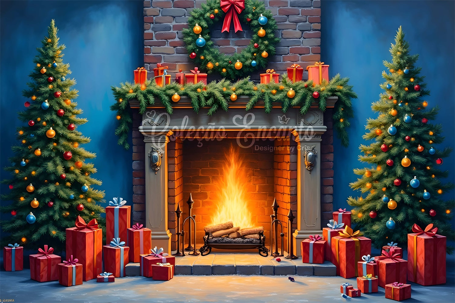Toile de fond Noël Cheminée Guirlande Arbre par Magali