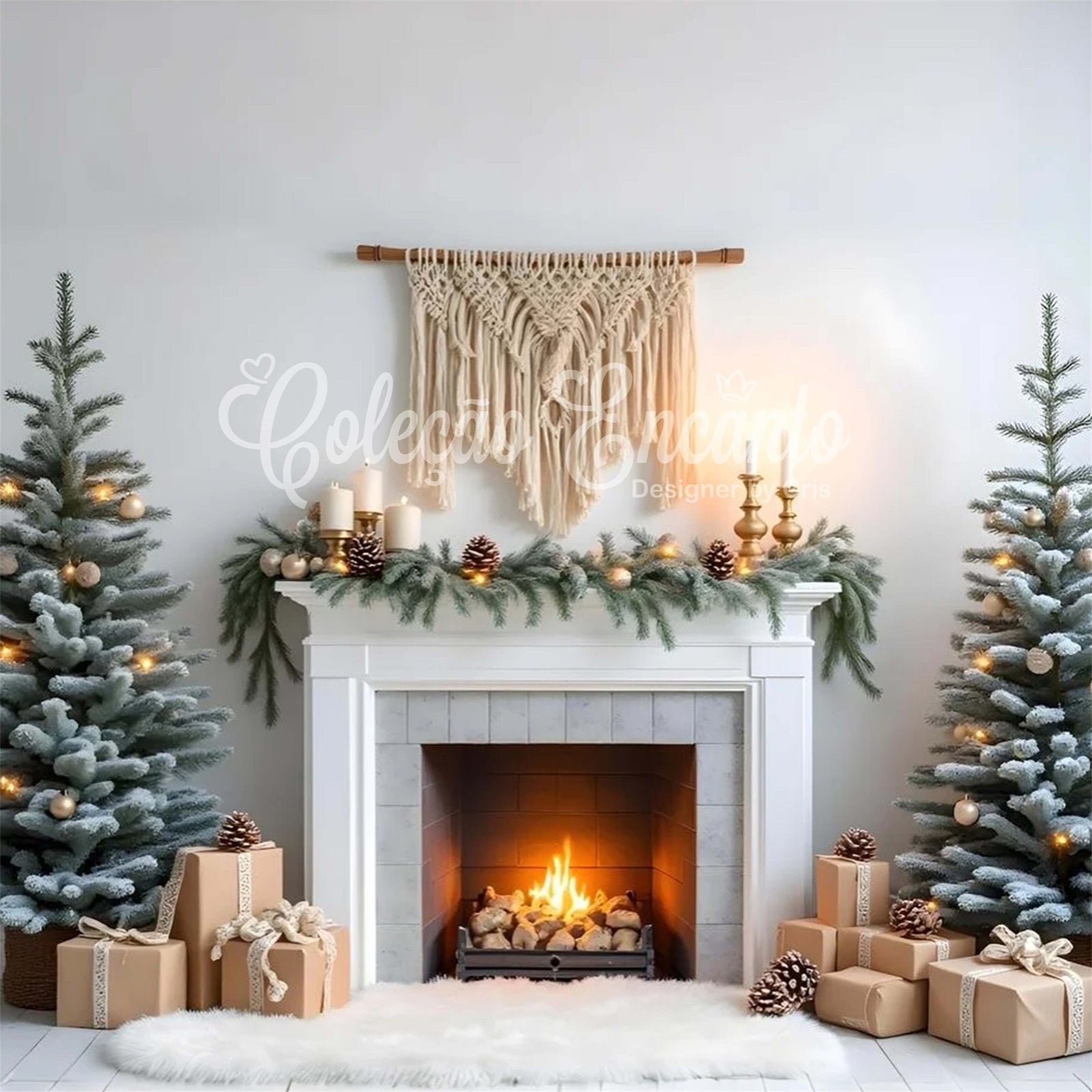 Toile de fond Noël Haute Résolution Guirlande de Pin Cheminée par Magali