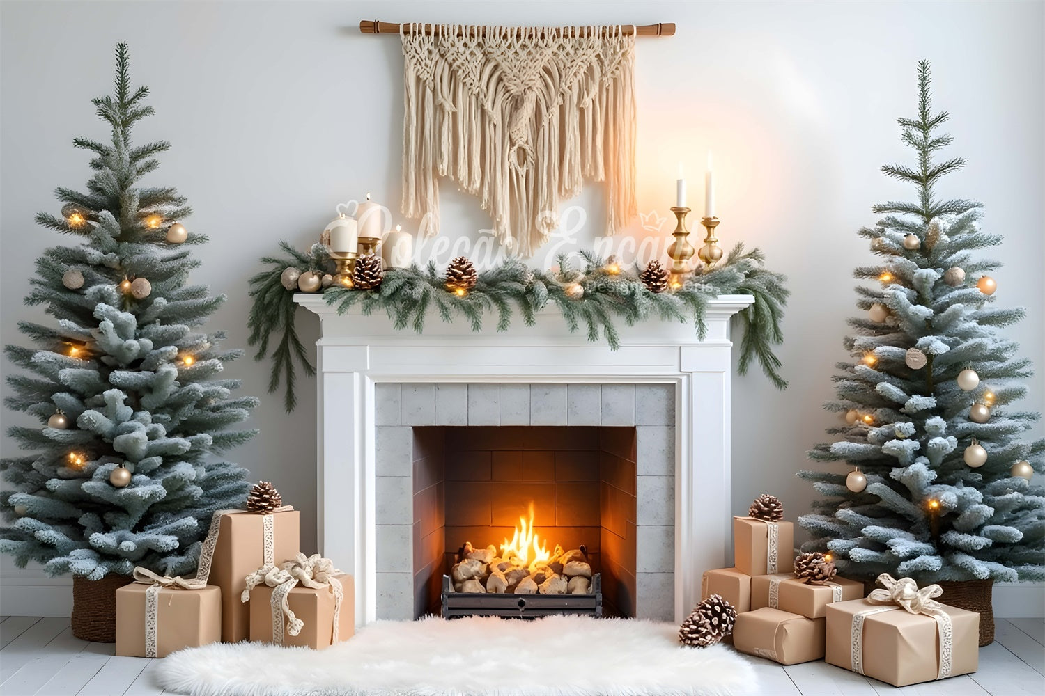 Toile de fond Noël Haute Résolution Guirlande de Pin Cheminée par Magali