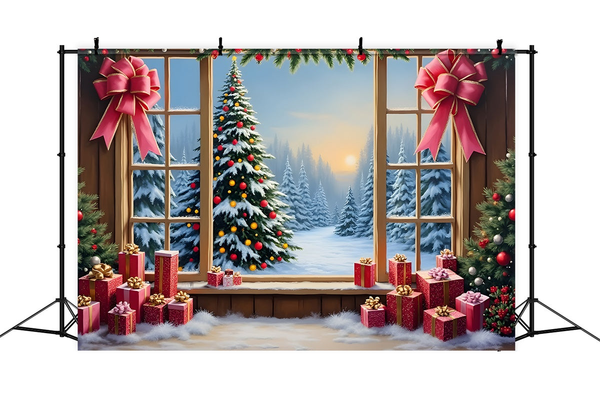 Toile de fond Noël Fenêtre Forêt Enneigée Cadeaux par Magali
