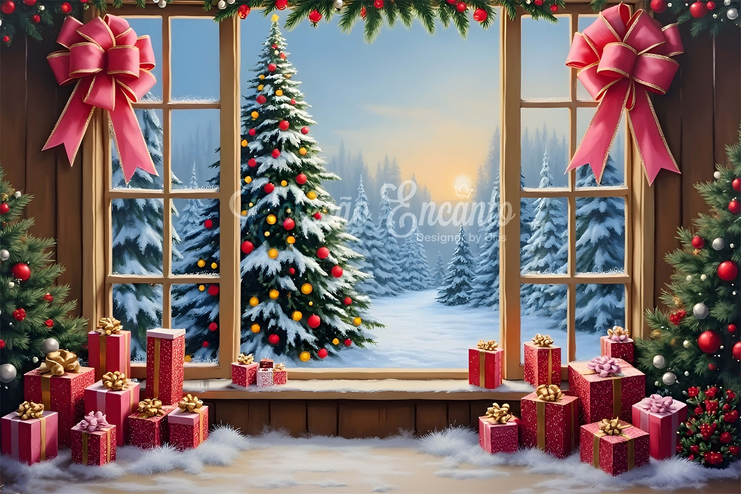 Toile de fond Noël Fenêtre Forêt Enneigée Cadeaux par Magali
