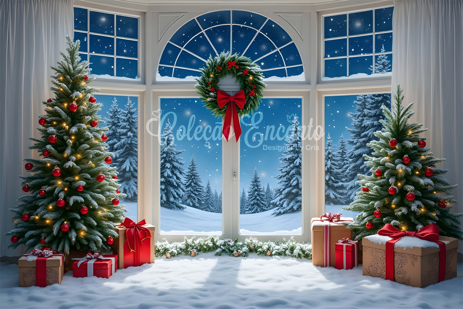 Toile de fond Photo Noël Boules Arbre Neige Fenêtre par Magali