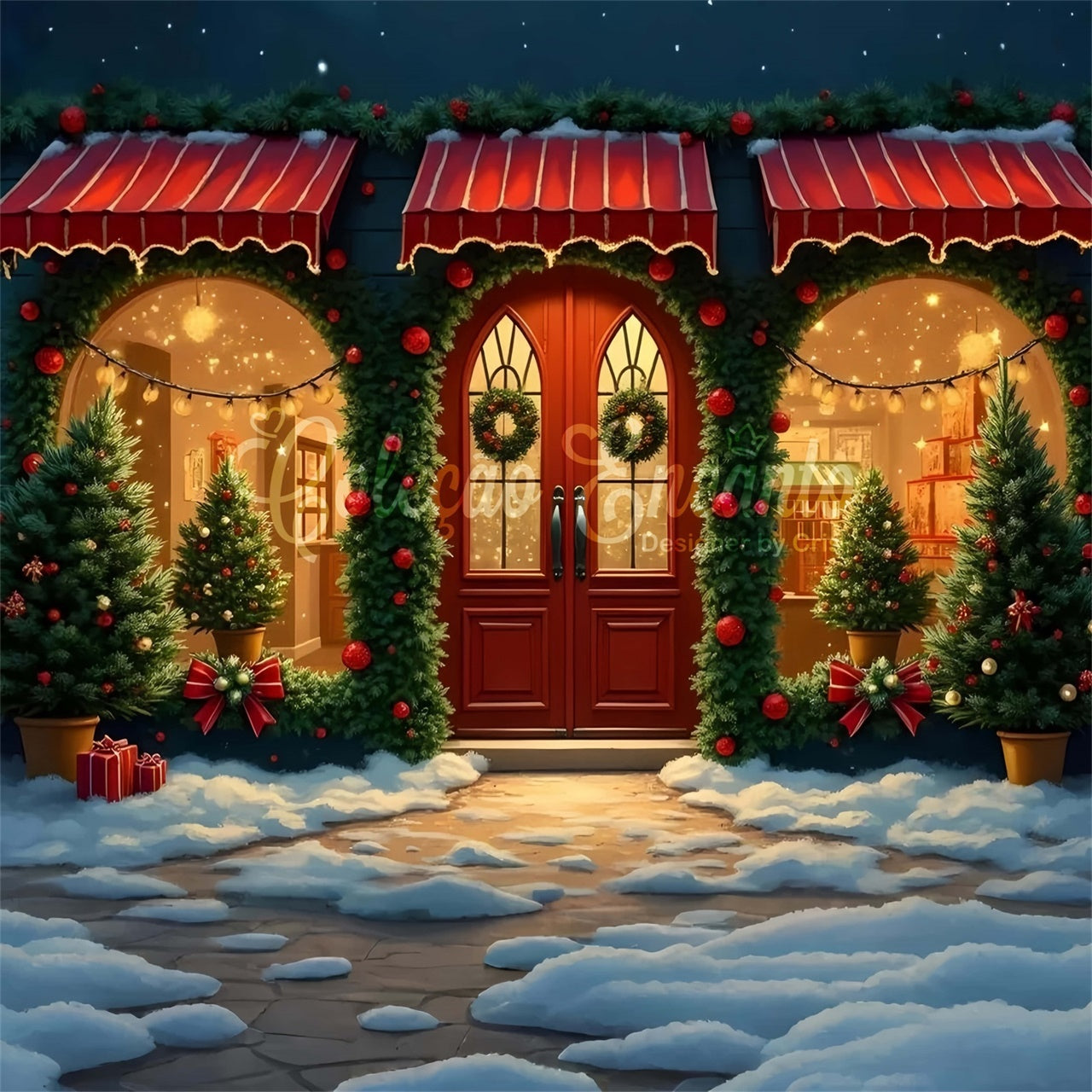 Toile de fond Noël Guirlande Boules Devanture par Magali