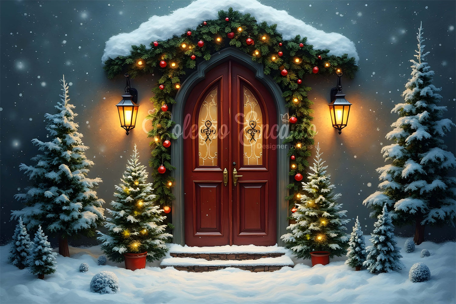 Toile de fond Photo Noël Porte Gothique Sapin Neige par Magali