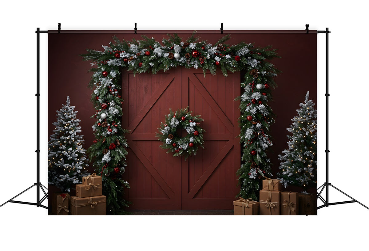Toile de fond Noël Porte Rouge Rustique Couronne par Magali