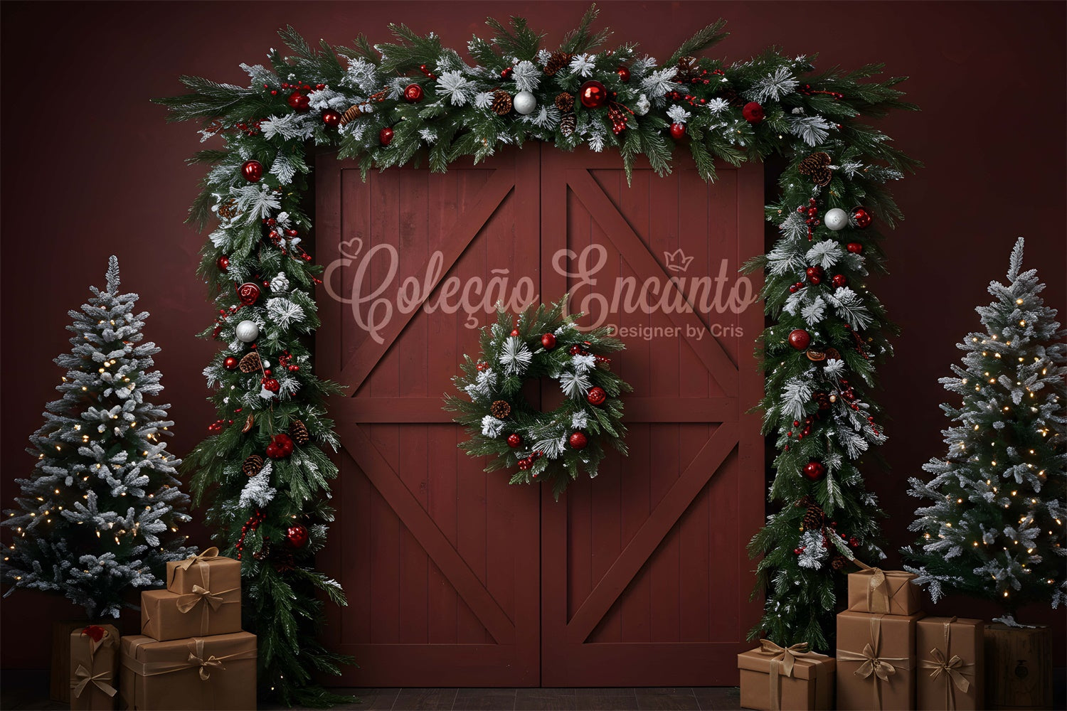 Toile de fond Noël Porte Rouge Rustique Couronne par Magali