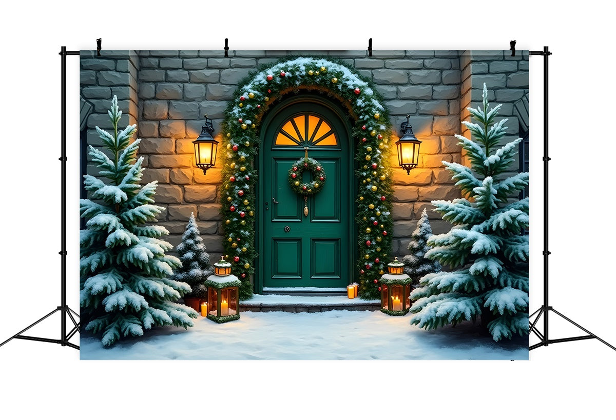 Toile de fond Noël Mur en Pierre Couronne Porte Verte par Magali