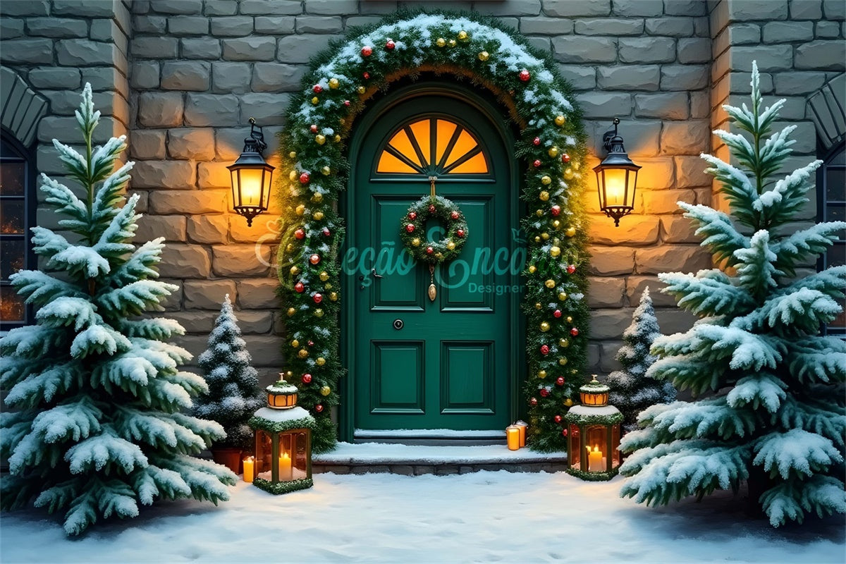 Toile de fond Noël Mur en Pierre Couronne Porte Verte par Magali