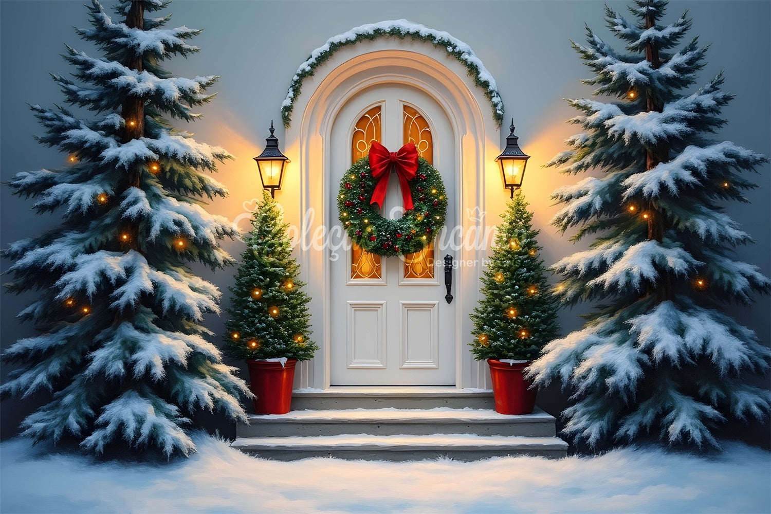 Toile de fond Photo Noël Porte Blanche Couronne par Magali