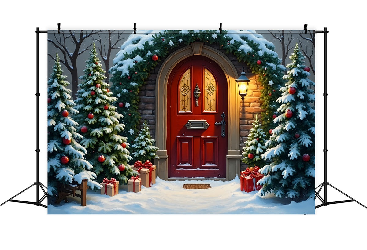 Toile de fond Noël Arbre Enneigé Porte Rouge par Magali