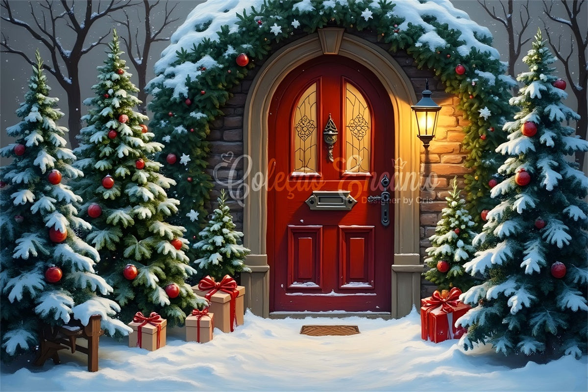 Toile de fond Noël Arbre Enneigé Porte Rouge par Magali