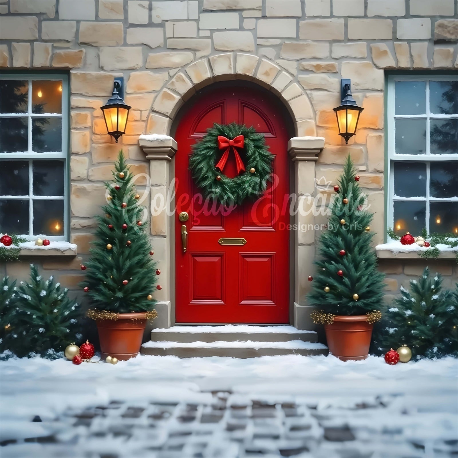 Toile de fond Noël Photographie Porte Rouge Mur en Pierre par Magali