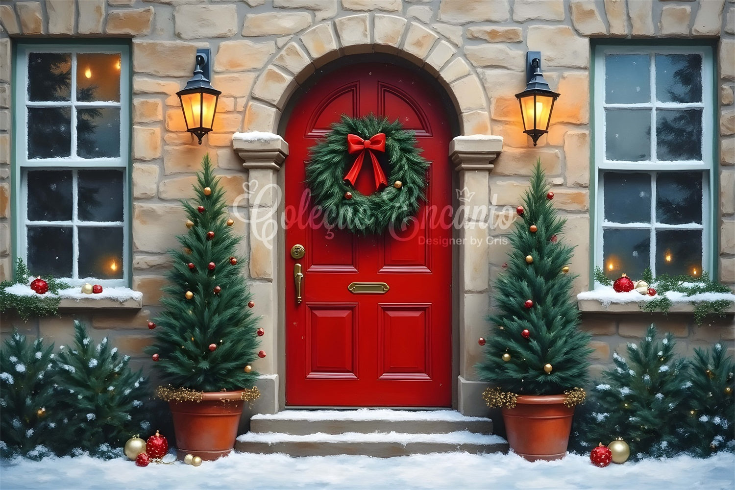 Toile de fond Noël Photographie Porte Rouge Mur en Pierre par Magali