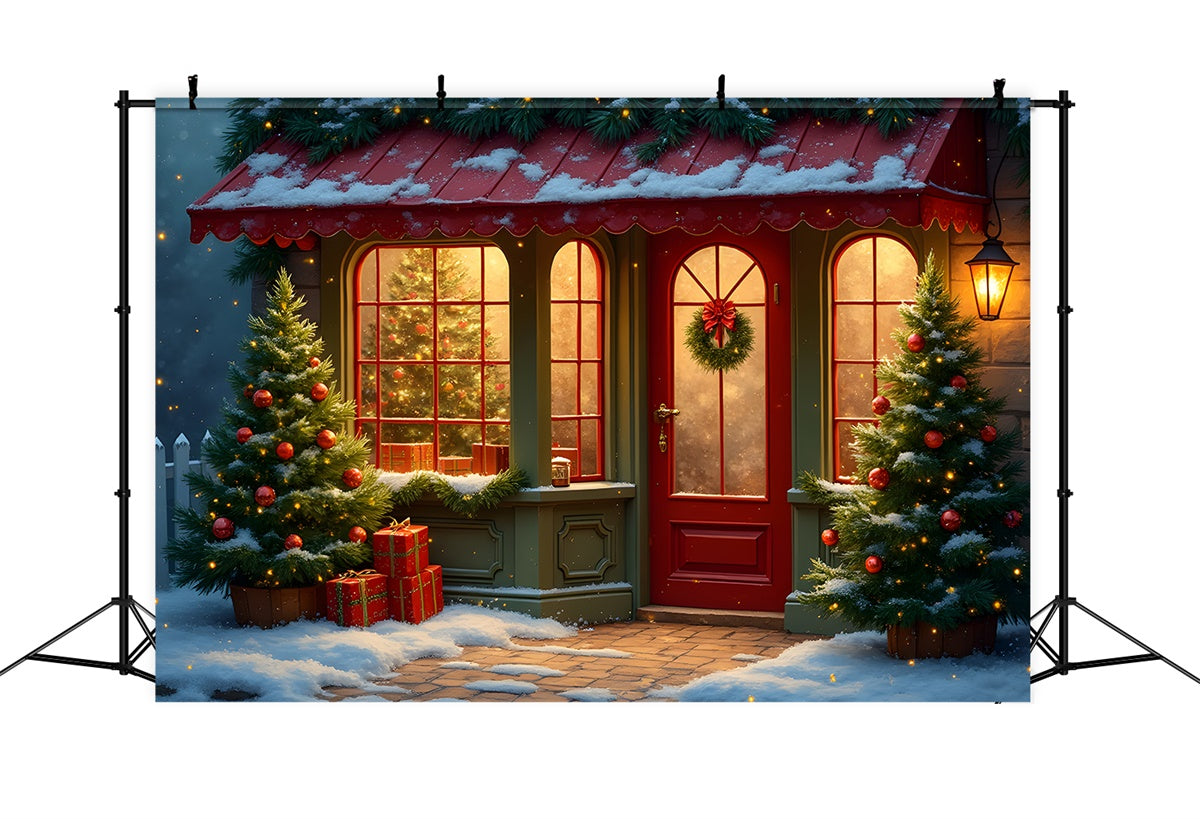 Toile de fond de Noël Porte Rouge Pin Véranda par Magali