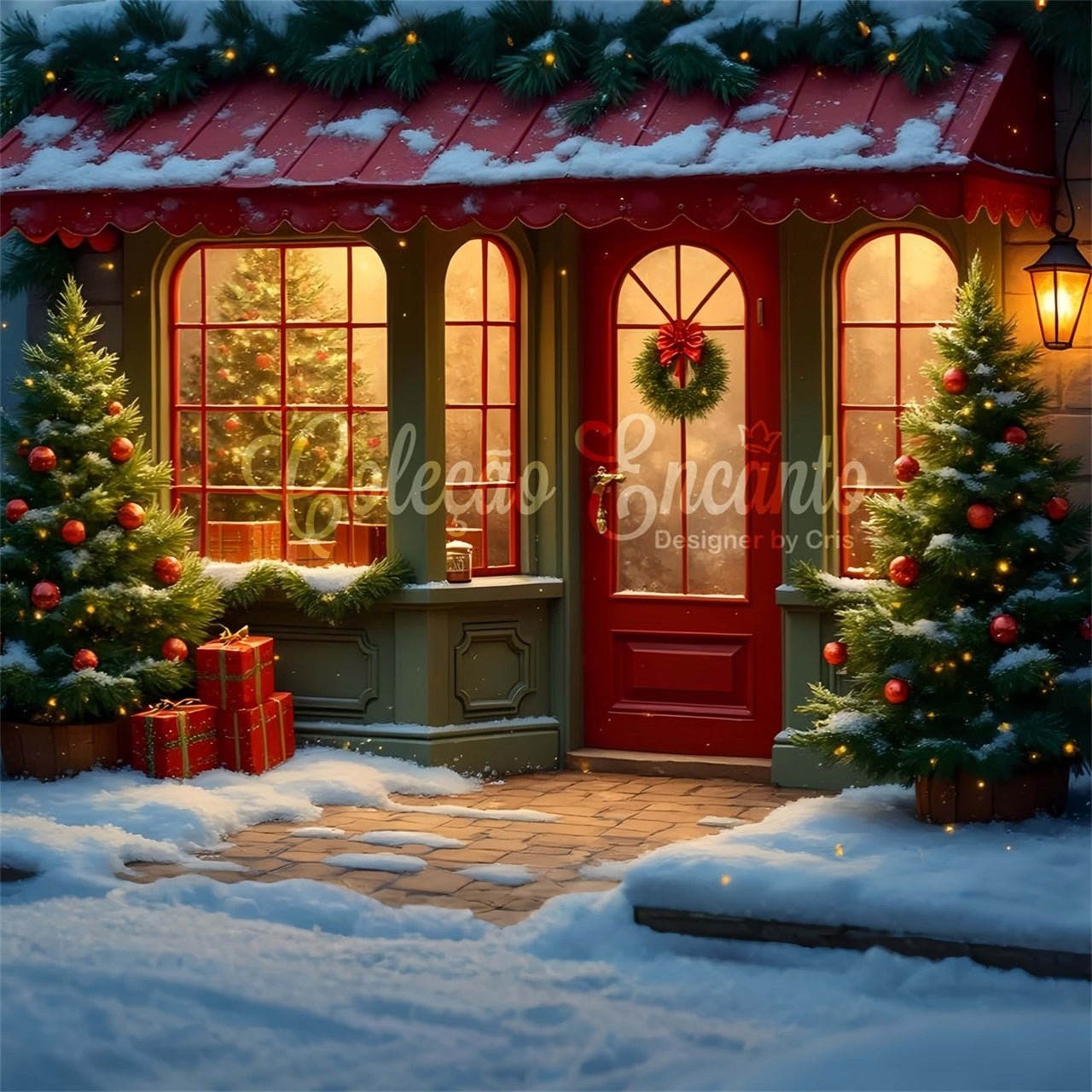Toile de fond de Noël Porte Rouge Pin Véranda par Magali