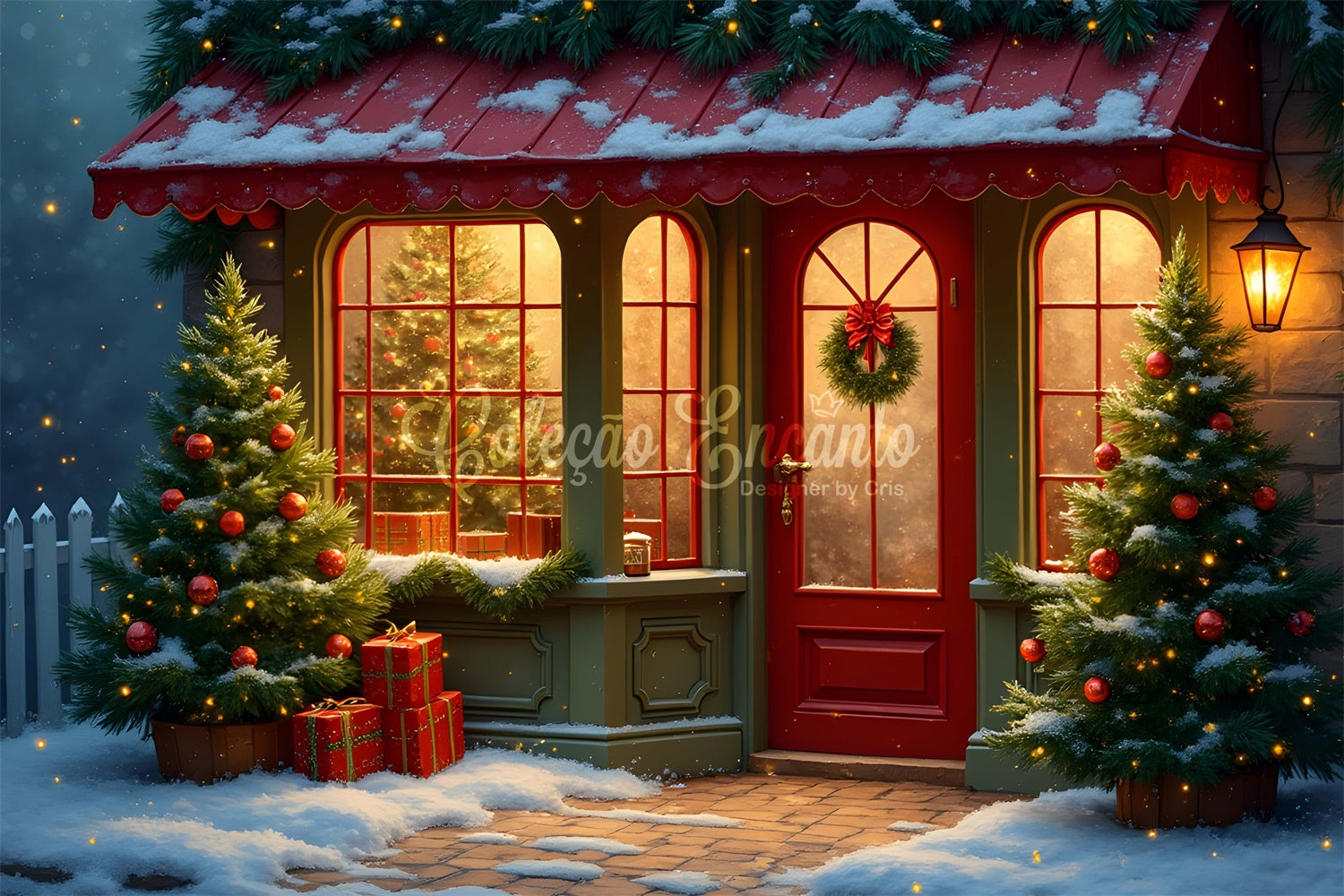 Toile de fond de Noël Porte Rouge Pin Véranda par Magali