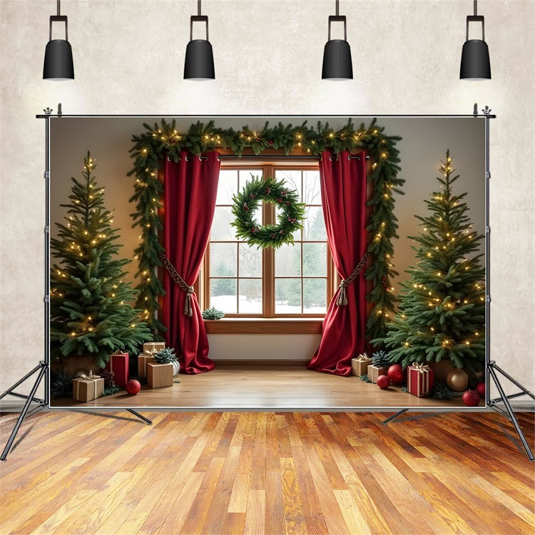 Toile de fond Noël Arbre Rideaux Fenêtre Fête par Magali