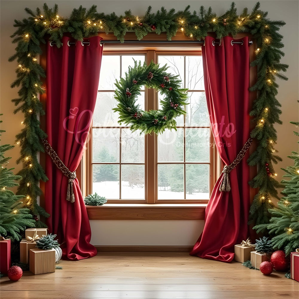 Toile de fond Noël Arbre Rideaux Fenêtre Fête par Magali