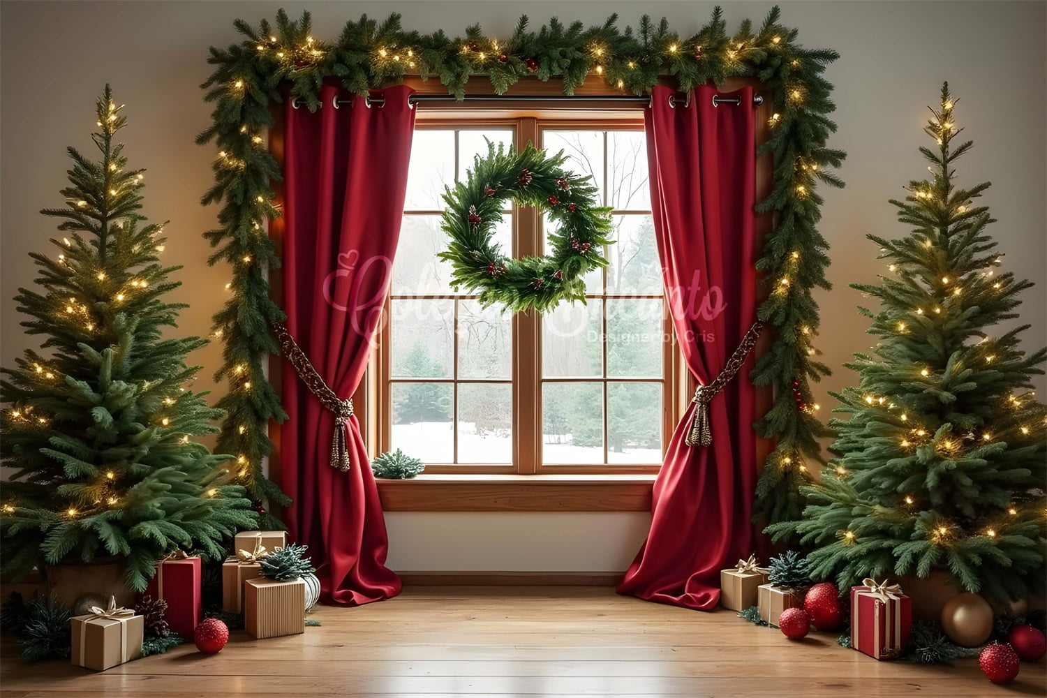 Toile de fond Noël Arbre Rideaux Fenêtre Fête par Magali