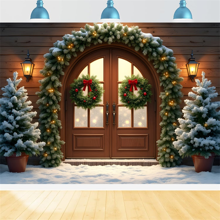 Toile de fond Noël Porte en Bois Guirlande Arbre par Magali