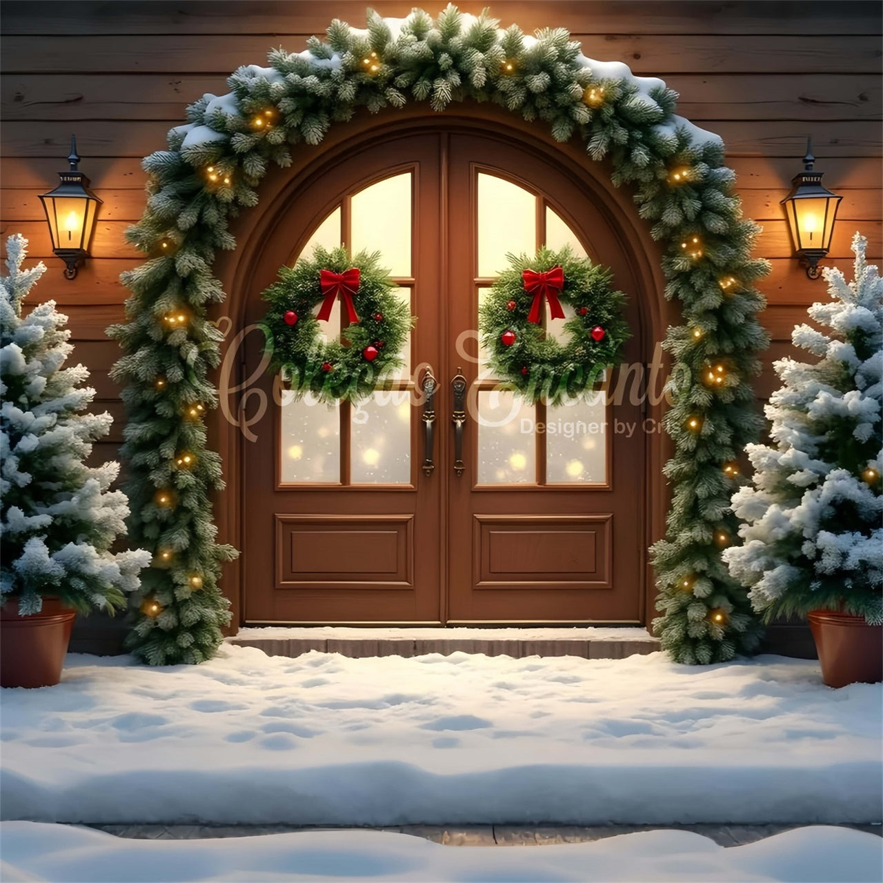 Toile de fond Noël Porte en Bois Guirlande Arbre par Magali
