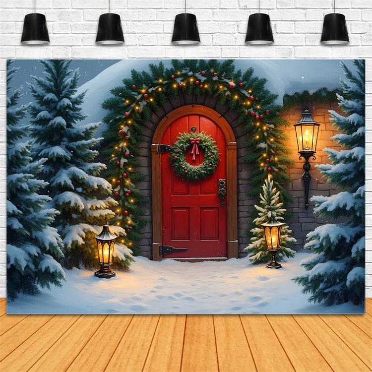 Toile de fond Noël Sapins Neige Porte par Magali