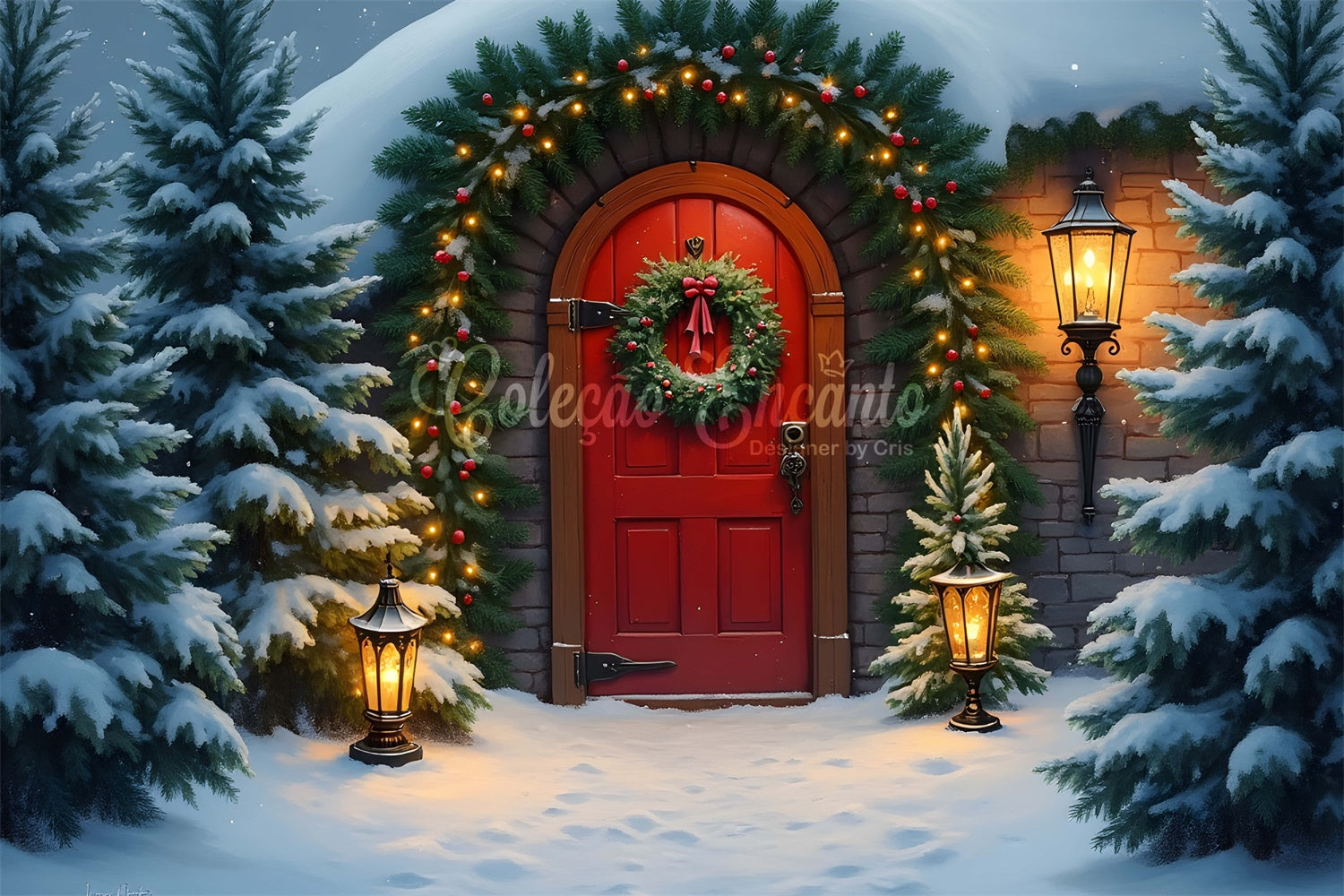 Toile de fond Noël Sapins Neige Porte par Magali