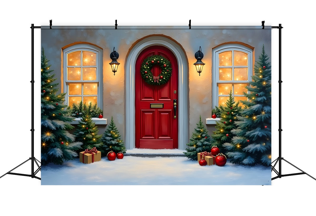Toile de fond Noël Porte Rouge Pin Hiver par Magali
