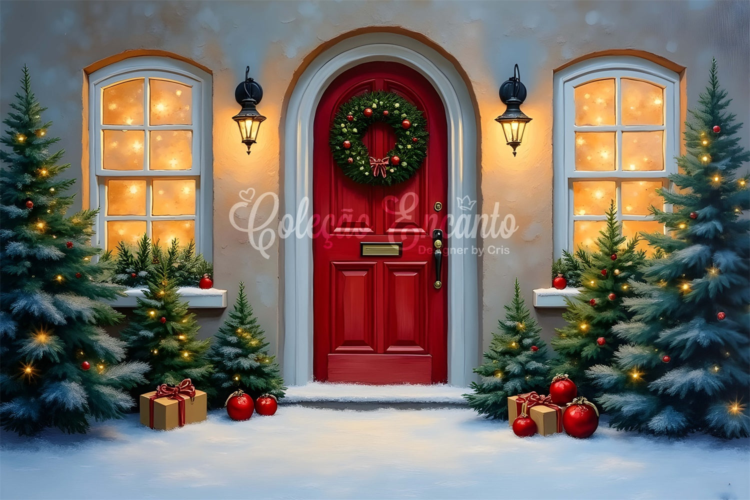 Toile de fond Noël Porte Rouge Pin Hiver par Magali
