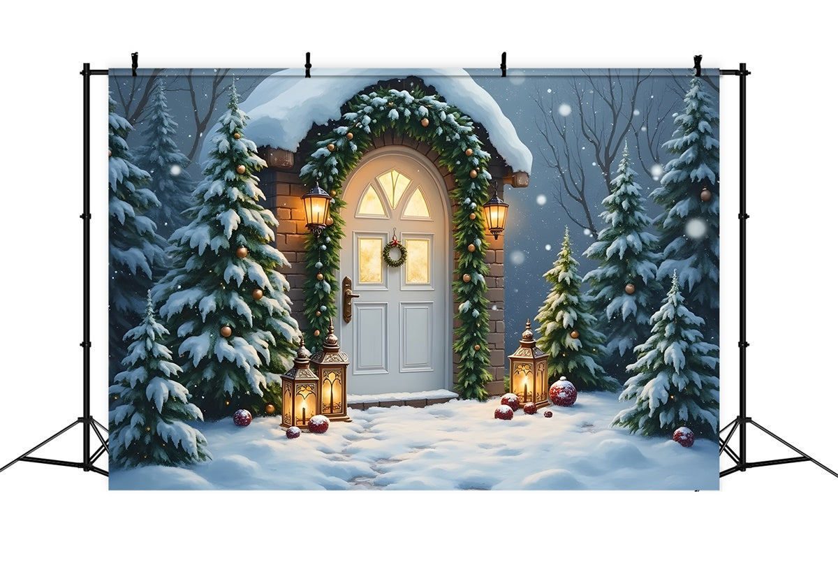 Toile de fond Noël Porte Lanterne Entrée Enneigée par Magali