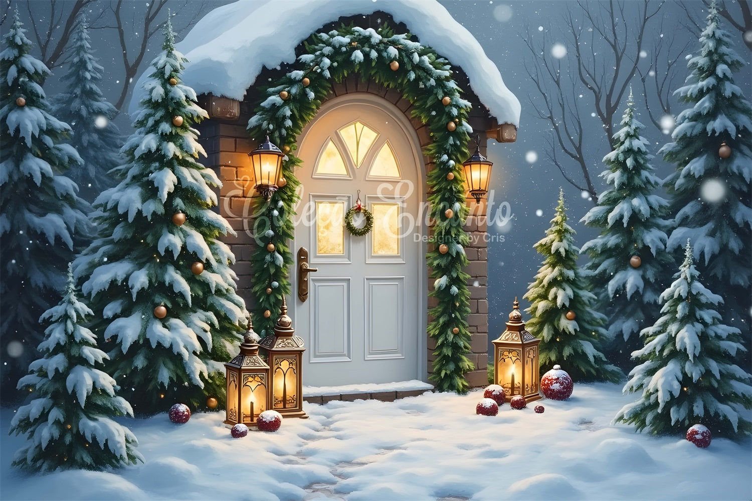 Toile de fond Noël Porte Lanterne Entrée Enneigée par Magali