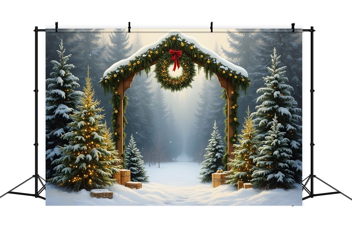 Toile de fond Noël Forêt Enneigée Arche Couronne par Magali