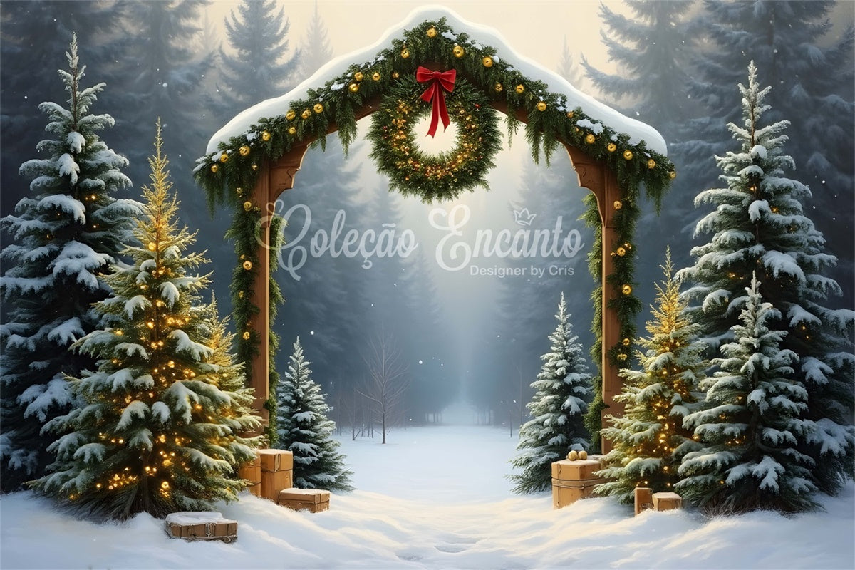 Toile de fond Noël Forêt Enneigée Arche Couronne par Magali