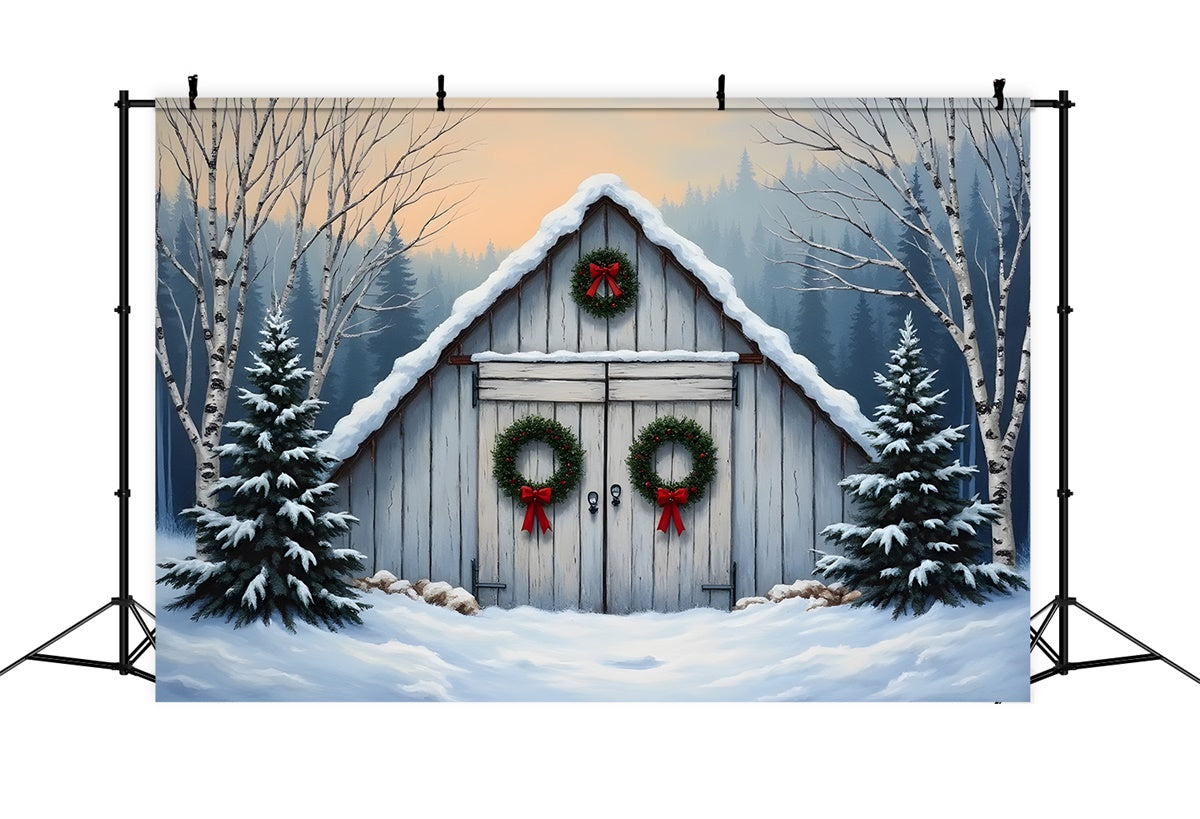 Toile de fond Noël Ferme Sapins Porte Grange Rustique par Magali