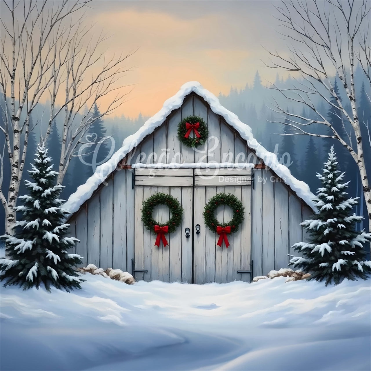 Toile de fond Noël Ferme Sapins Porte Grange Rustique par Magali
