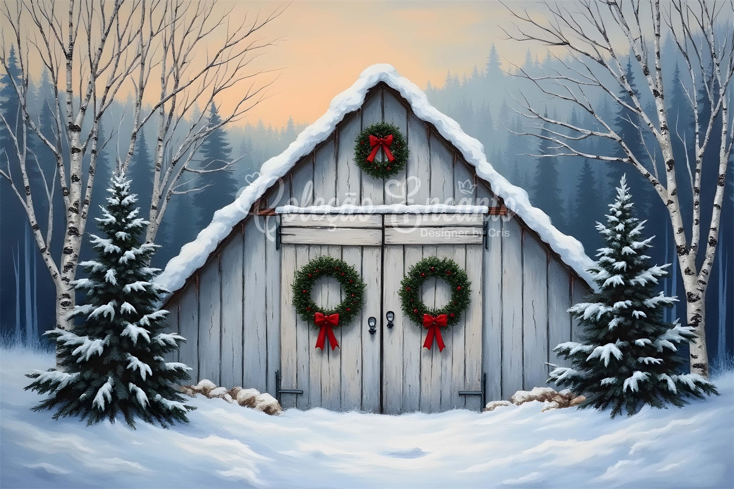 Toile de fond Noël Ferme Sapins Porte Grange Rustique par Magali