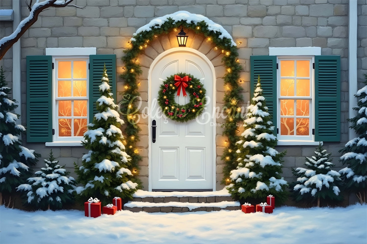 Toile de fond Noël Porte Guirlande de Pin par Magali
