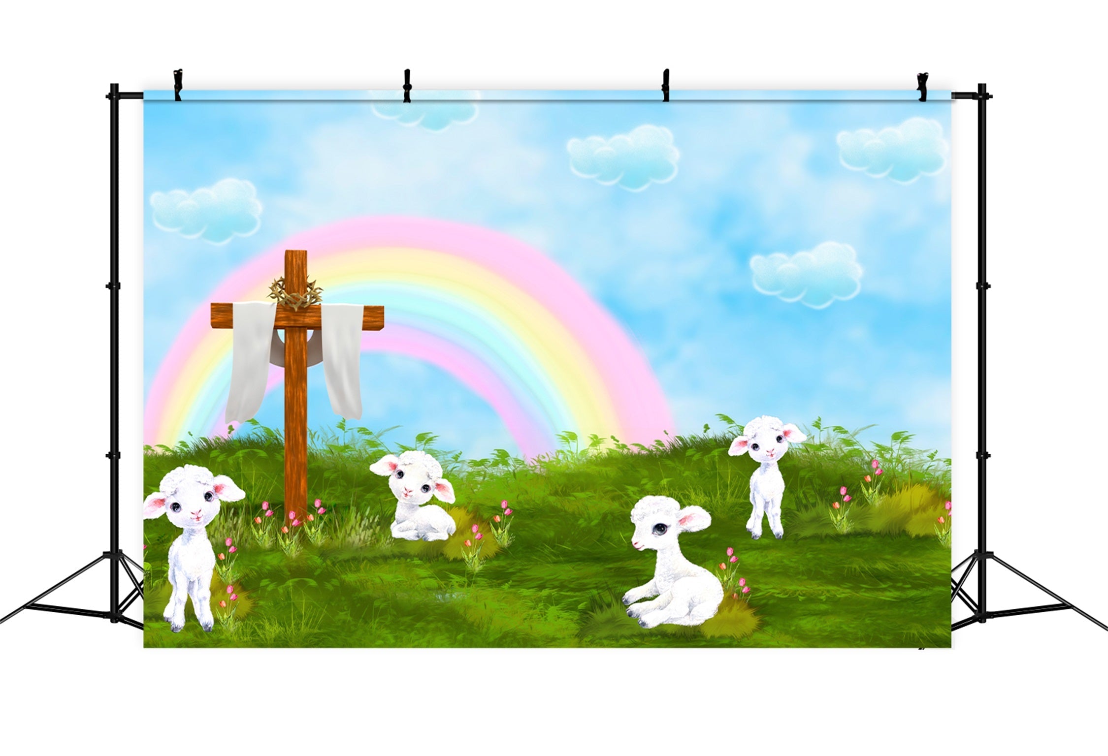 Toile de fond Photo Nouveau-né Croix Arc-En-Ciel Agneau Prairie Bénédictions Par Magali