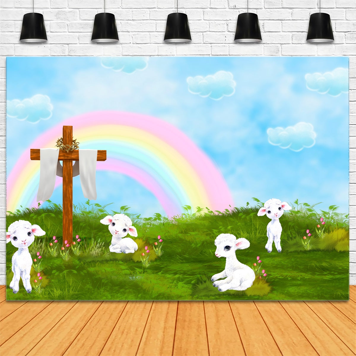 Toile de fond Photo Nouveau-né Croix Arc-En-Ciel Agneau Prairie Bénédictions Par Magali