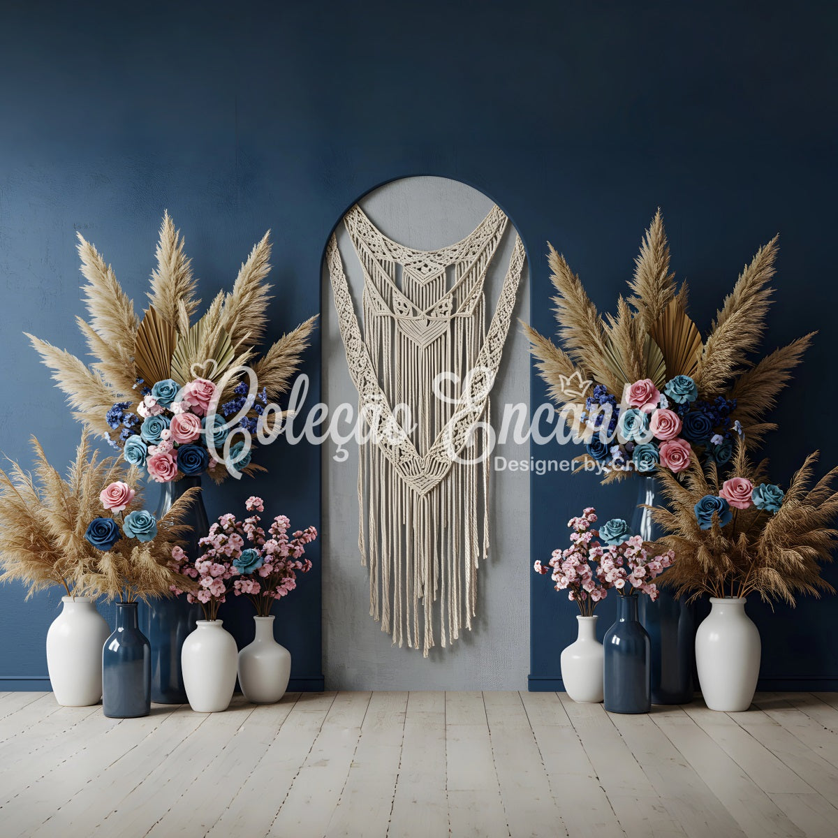 Fond Photo Fête des Mères Macramé Floral Bleu Par Magali