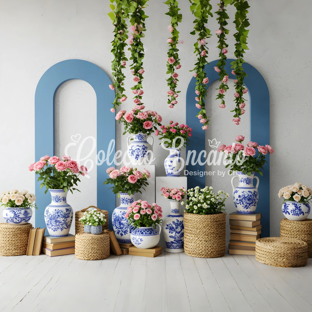 Toile de fond Fête des Mères Vase Bleu Blanc Floral Par Magali