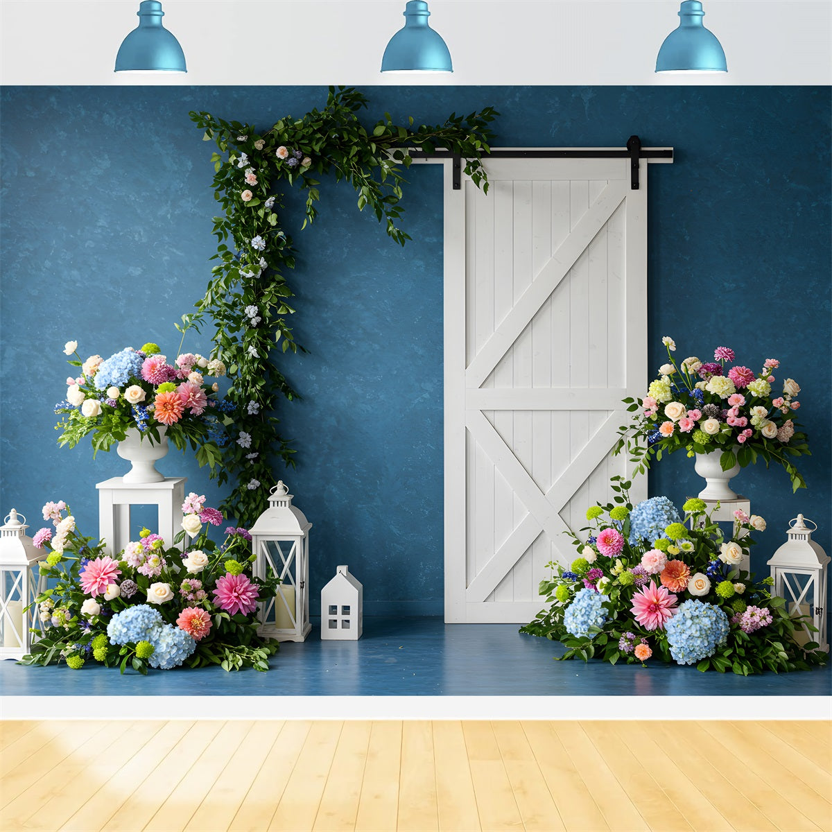 Toile de fond Studio Fête des Mères Mur Bleu Porte Blanche Florale Par Magali