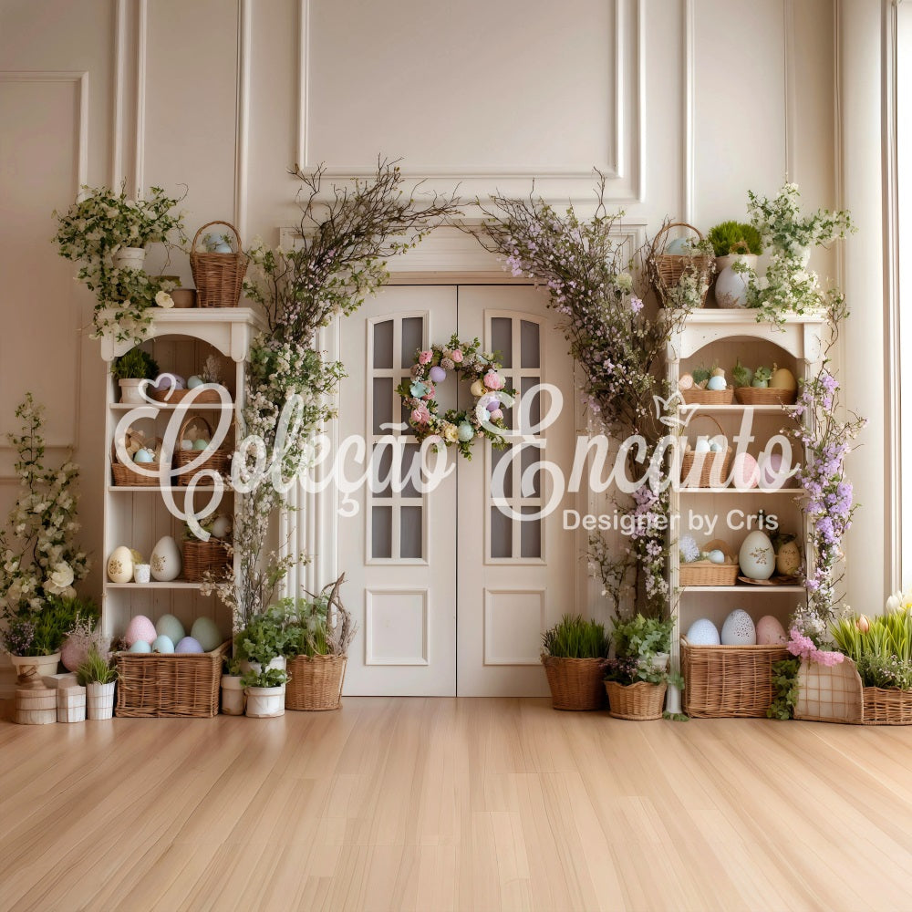 Toile de fond Pâques Porte Blanche Fleurs Œufs Par Magali