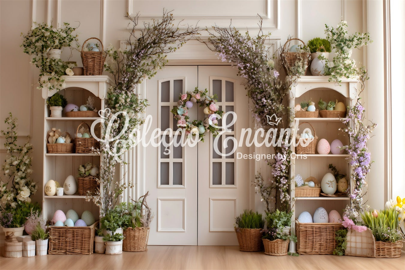 Toile de fond Pâques Porte Blanche Fleurs Œufs Par Magali