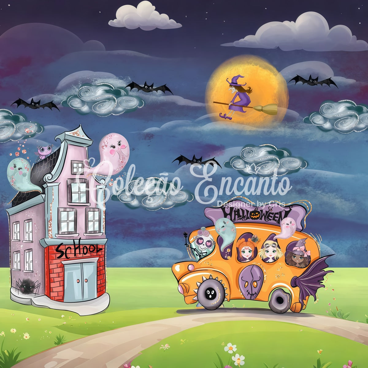 Fond Photo Nouveau-né Bus Scolaire Fantôme Sorcière Nuit Par Magali