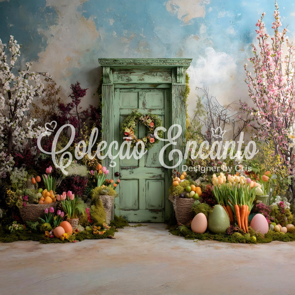 Toile de fond Photo Pâques Porte Verte Fleurs Moussues Par Magali