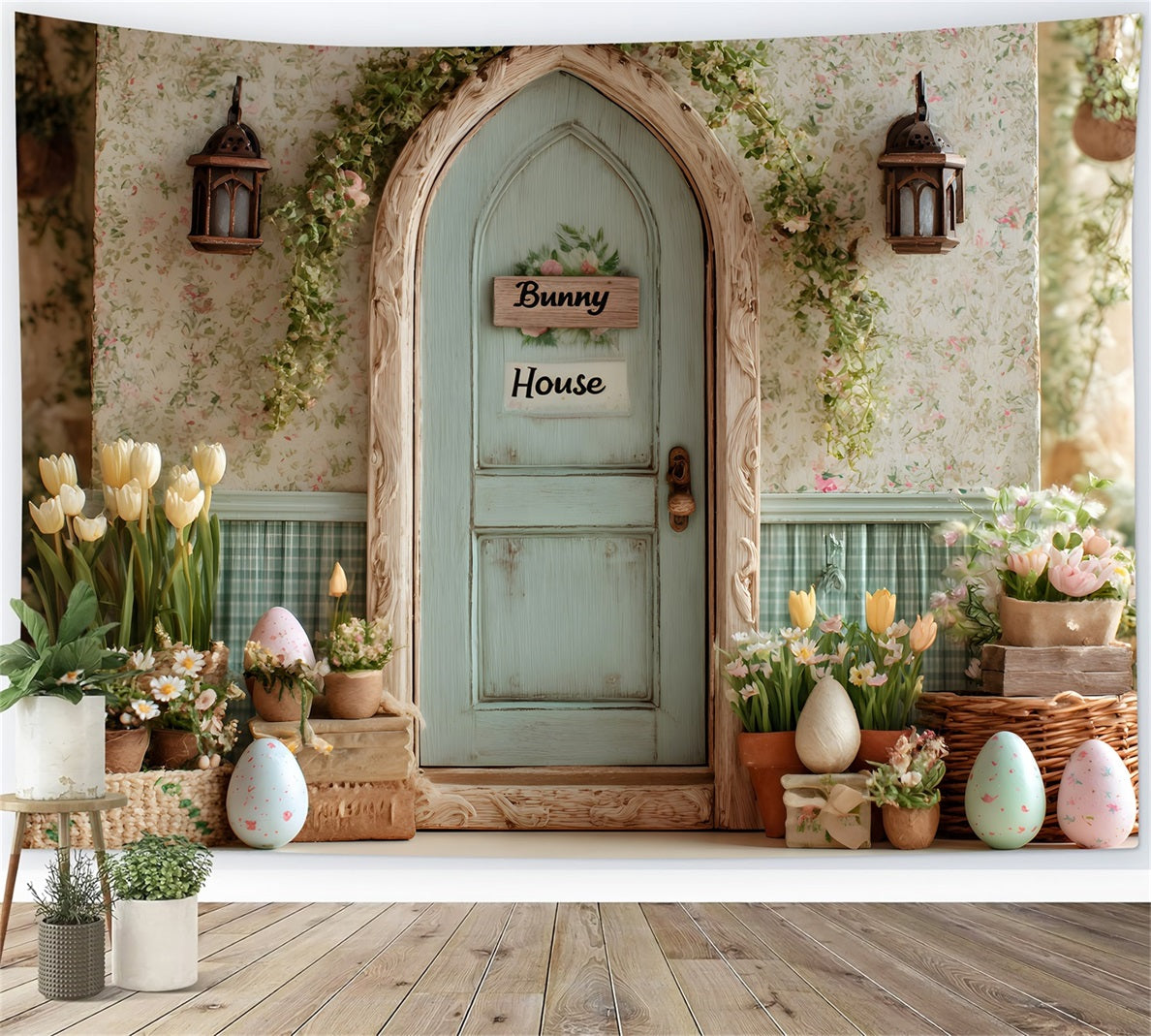 Toile de fond Pâques Maison Lapin Œufs Fleuris Par Magali