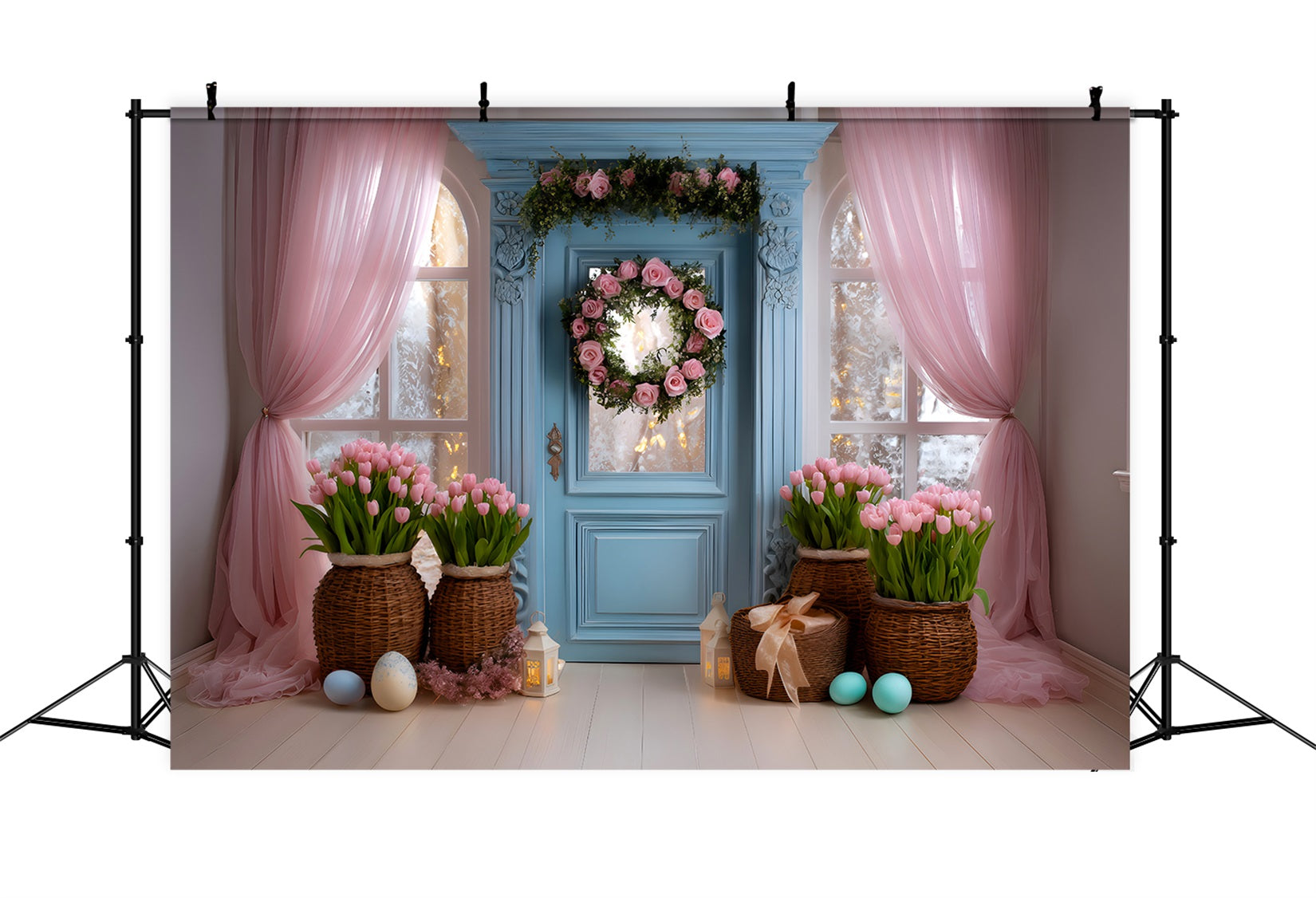 Fond Studio Pâques Porte Bleue Rideau Rose Par Magali