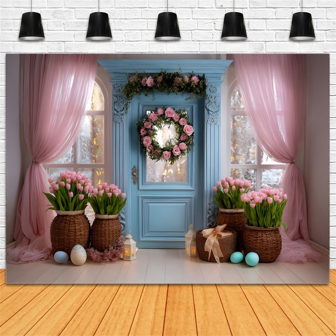 Fond Studio Pâques Porte Bleue Rideau Rose Par Magali